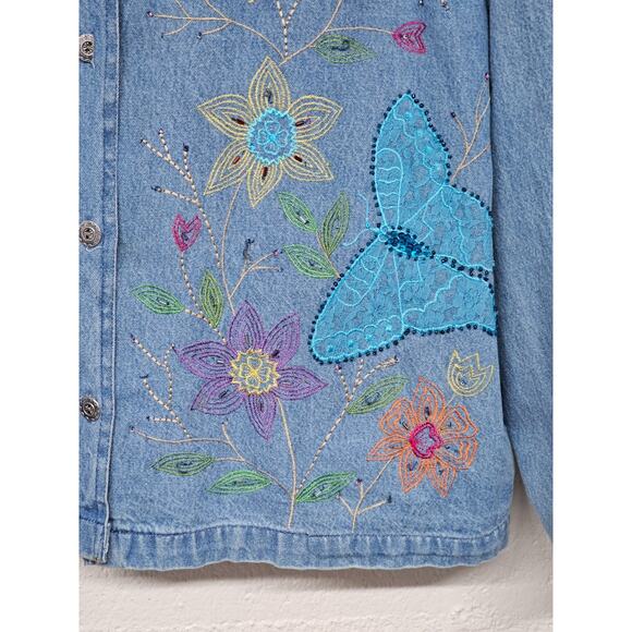 VTG Tantrums Embroidered Floral Denim Jacket Sz L Butterflies 90s Hippie Boho - Picture 3 of 16